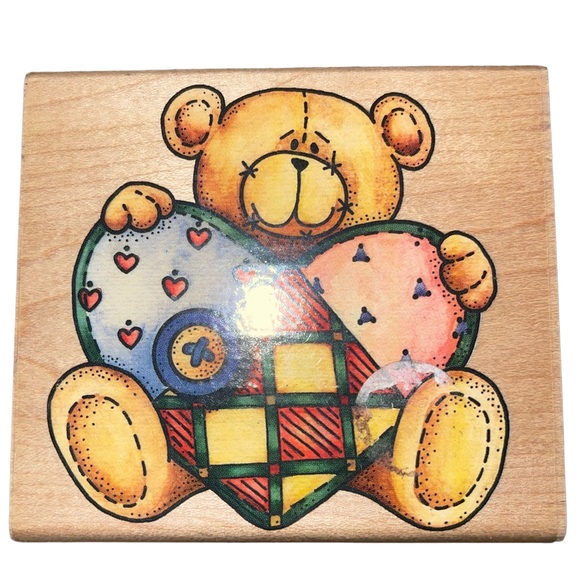 rubber stampede Other - VALENTINE'S DAY TEDDY BEAR HOLDING HEART BUTTON PATCH Rubber Stampede Wood Stamp